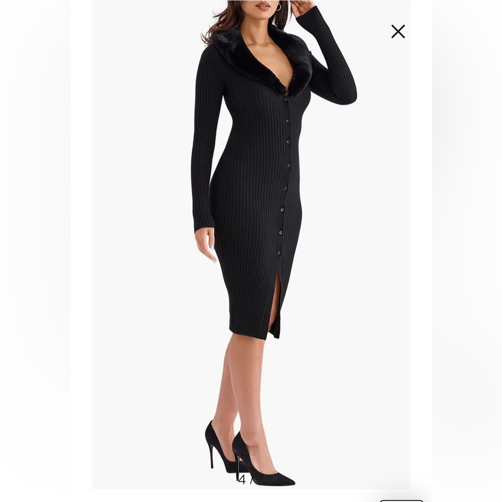 House of CB Ribbed Black Midi Dress with Faux Fur Collar - Picture 5 of 14